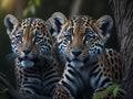 two very cute leopard cubs stalking their prey in the woods