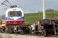 Derailed train coaches at the site of a train accident at the Ge