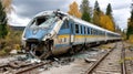 Derailment scene of blue and yellow passenger train in autumn forest with broken windows Royalty Free Stock Photo