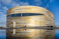 Derby Arena Modern gold reflected sports cycling velodrome stadium reflection of Covid 19 vaccination centre Derbyshire