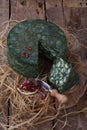 Derby Cheese With Sage On A Wooden Table Royalty Free Stock Photo