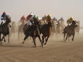 Derby - equestrian with jockey astride horse on racecourse. Rider is in speed racing horseback in competition. Generative AI