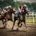 Derby - equestrian with jockey astride horse on racecourse. Rider is in speed racing horseback in competition. Generative AI