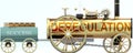 Deregulation and success - symbolized by a steam car pulling a success wagon loaded with gold bars to show that Deregulation is