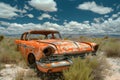 Derelict Abandoned old car in desert. Generate Ai Royalty Free Stock Photo