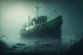 derelict fishing boat anchored to the ocean floor in murky water Royalty Free Stock Photo