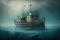 derelict fishing boat anchored to the ocean floor in murky water Royalty Free Stock Photo