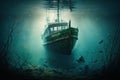 derelict fishing boat anchored to the ocean floor in murky water Royalty Free Stock Photo