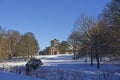 The derelict Letham Grange Mansion House on an Old Abandoned Golf Course with deep snow. Royalty Free Stock Photo