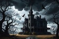 Derelict Mansion Silhouetted Against a Stormy Sky: Crows Circling its Towering Spires, Windows Aglow in Haunting Radiance