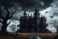 Derelict Mansion Silhouetted Against a Stormy Sky: Crows Circling its Towering Spires, Windows Aglow in Haunting Radiance