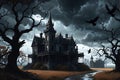 Derelict Mansion Silhouetted Against a Stormy Sky: Crows Circling its Towering Spires, Windows Aglow in Haunting Radiance