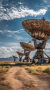 Derelict satellite dish array in remote desert under blue sky, abandoned, dramatic mood Royalty Free Stock Photo