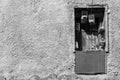 Derelict window, flower-pots and bird cages, Psirri, Athens in m Royalty Free Stock Photo