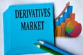 DERIVATIVES MARKET - words on a blue sheet of paper with pencils on the background of graphics