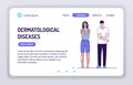 Dermatological diseases web banner. Girl with vitiligo and guy with skin rash. Isolated cartoon characters on a white background.