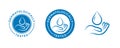 Dermatologically tested vector label with water drop and hand logo. Dermatology test, dermatologist clinically proven icon for