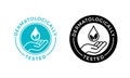 Dermatologically tested vector label with water drop, leaf and hand. Dermatology test and dermatologist clinically proven icon for