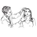 A dermatologist examines the skin of a beautiful patient`s face, hand drawn doodle, sketch