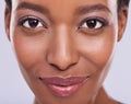 Dermatology, beauty and portrait of black woman with smile, glowing skin and natural spa makeup in studio. Happy