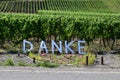 Dernau, Germany - 08 08 2022: Sign and flower arrangement to thank helping people after the Ahr flood disaster