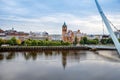 Derry, Ireland. Illuminated Peace bridge in Derry Londonderry, City of Culture, in Northern Ireland with city center at