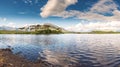 Derryclare Lough, Twelve Pines landscape,Sunny warm day, Cloudy sky, County Galway Ireland. Popular tourist destination. Panorama