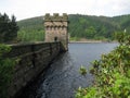 Derwent Dam wall near reservoir in England with green lush trees in the background Royalty Free Stock Photo
