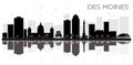 Des Moines City skyline black and white silhouette with reflections. Royalty Free Stock Photo