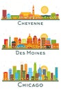 Des Moines Iowa, Chicago Illinois and Cheyenne Wyoming City Skyline Set Royalty Free Stock Photo