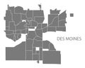 Des Moines Iowa city map with neighborhoods grey illustration silhouette shape