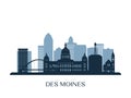 Des moines skyline, monochrome silhouette. Royalty Free Stock Photo