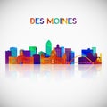 Des moines skyline silhouette in colorful geometric style.