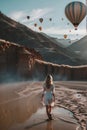 Girl and the amazing view with air balloons
