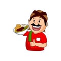 Cartoon of a mustachioed male trader with a blank headband carrying a bowl of chicken noodles. Vector illustration