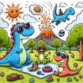 a digital artwork depicting a family of dinosaurs having a picnic. Royalty Free Stock Photo