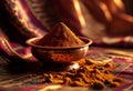 ground spices sits in an ornate copper bowl Royalty Free Stock Photo