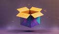 A floating, open cardboard box with stylized, textured colored panels in shades of purple, teal, and orange Royalty Free Stock Photo