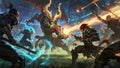 Digital painting of an intense MOBA battle scene, with magical spells, team strategy, and mythical creatures fighting in a fantasy Royalty Free Stock Photo
