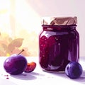 Homemade plum jam in a glass jar with fresh plums on a white table. Royalty Free Stock Photo