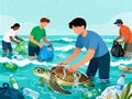 Volunteers Cleaning Up Ocean Pollution to Help Save a Sea Turtle Royalty Free Stock Photo
