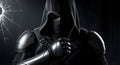 A figure dressed in a tactical, armored suit is seen against a dark background Royalty Free Stock Photo