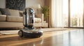 Futuristic Robot Vacuum Cleaner in Modern Living Room Royalty Free Stock Photo
