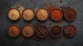 An assortment of brown and black powders, likely various coffee grounds. Royalty Free Stock Photo