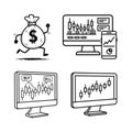 Candlestick Chart, Money Bag, and Financial Market Sketch Icons Royalty Free Stock Photo