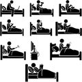 Man Resting and Doing Activities on Bed Stick Figure Pictogram Royalty Free Stock Photo