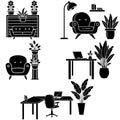 Black Glyph Icon Set of Cozy Living Room and Modern Home Office Furniture with Houseplants Royalty Free Stock Photo