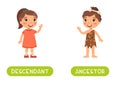 Descendant and ancestor antonyms word card vector template. Flashcard for english language learning