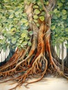 Descending Banyan Tree Roots and Detailed Leaves in Bold Watercolor AI Generated