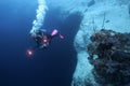 An underwater photographer descending into Lost Ocean Blue Hole, Bahama Islands